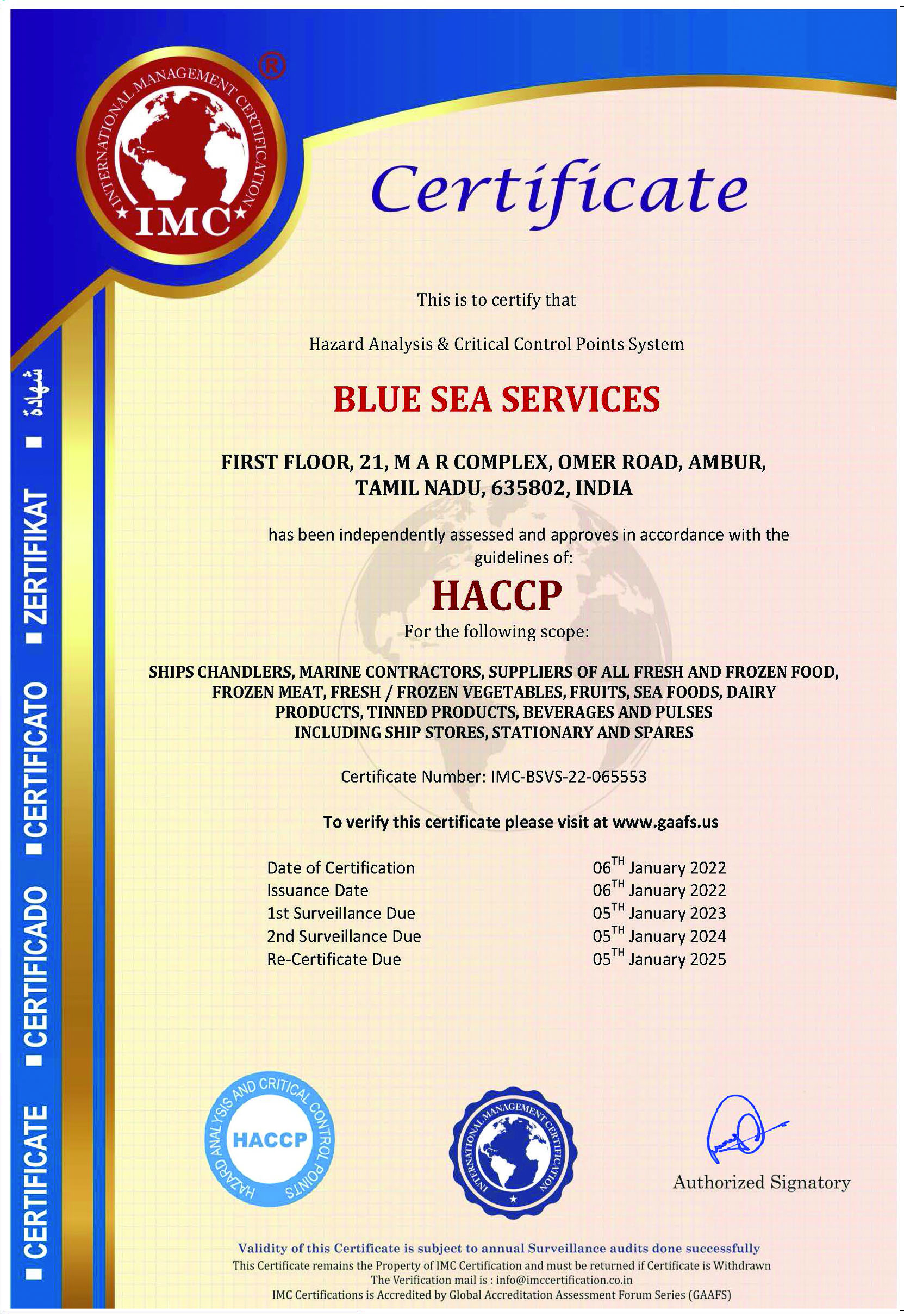 BLUE SEA SERVICES Membership Certificate